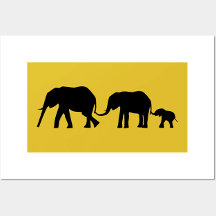 Silhouettes of 3 Elephants Holding Tails Posters and Art